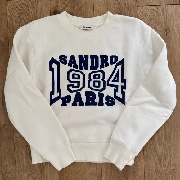 Sandro White Sweatshirt with Navy Print - Picture 1 of 6